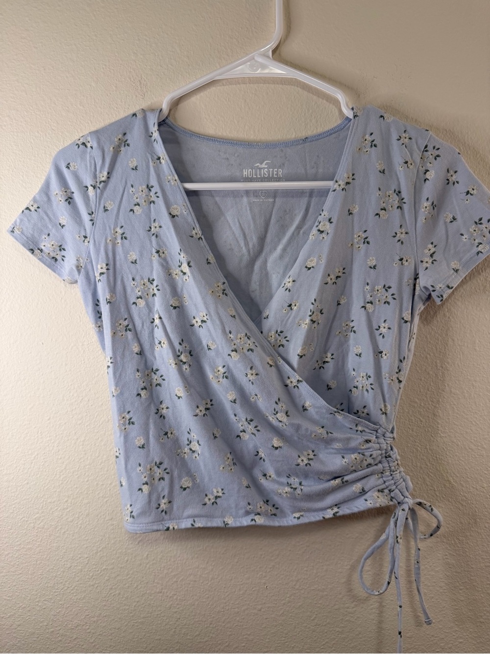 Hollister Baby Blue Floral Wrap Ruched Crop Top